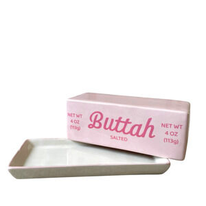 Luna & Sage Hand Painted Pink "BUTTAH" Butter Dish with Cover New